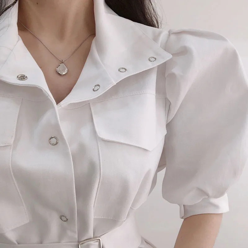

Puff Sleeve lacing Dress Women Solid Lapel Pocket Dress Woman Retro Draw Back Single Breasted Mini Dress Summer 2021