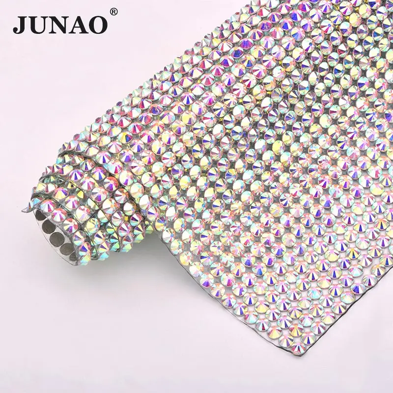 Crystal AB JUNAO 24*40 см SS20 кристалл AB исправление Стекло Стразы сетка отделка железо на кристалл ткань аппликация со стразами лента для рукоделия - Цвет: Crystal AB