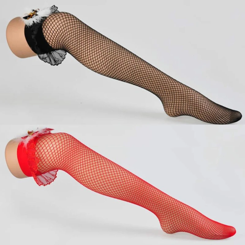 

Women Christmas Sexy Fishnet Thigh High Stockings Sweet Ruffled Lace Feather Bow Bells Over Knee Long Socks Lingerie