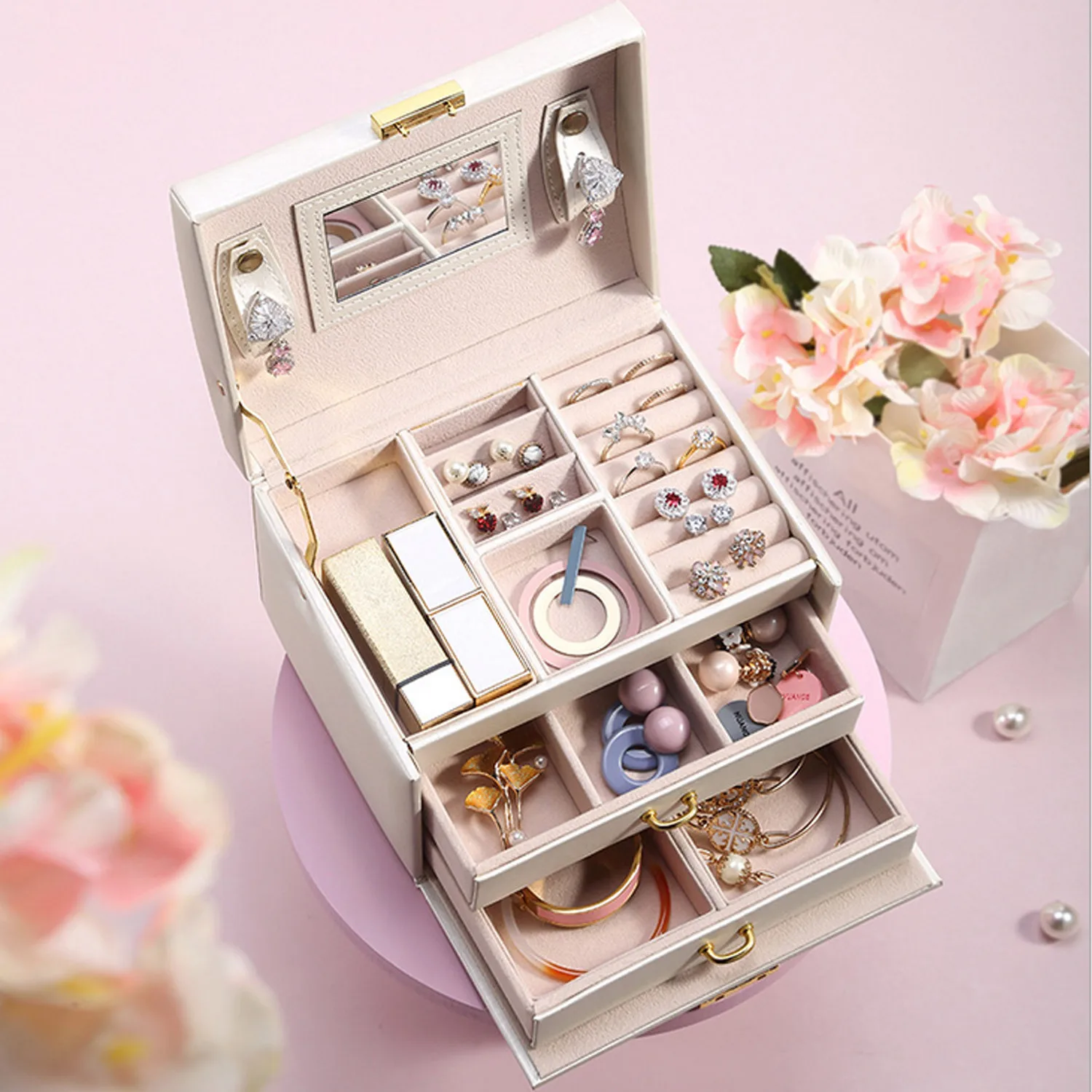 Шкатулка для драгоценностей Портативный 3-Слои искусственная кожа косметическая