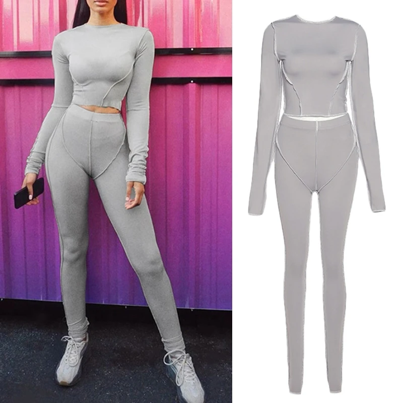

Women Workout Outfit Long Sleeve Crop Top High Waist Leggings Striped Tracksuit