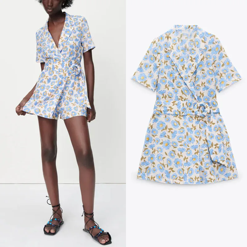 

Summer Print Woman Short Pants Suit Za Fashion Waist Lacing Short Sleeve Dress Casual Broken Flower Front Split Short Pants Suit