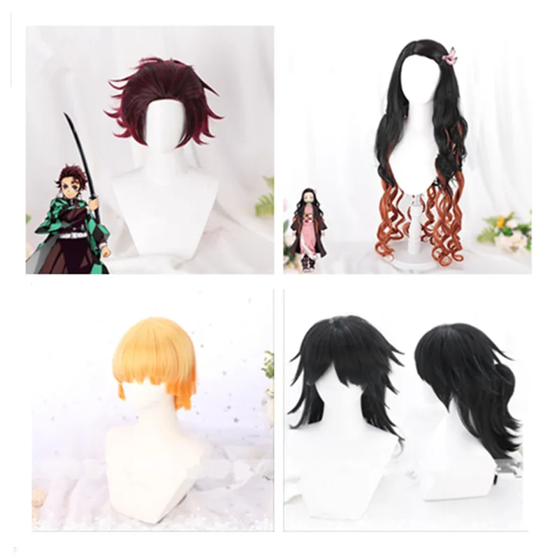 Demon Slayer: Kimetsu no Yaiba Cosplay Kamado Tanjirou Wig Agatsuma Zenitsu Unisex Curly Fuffy Hair Wigs Party Halloween Props