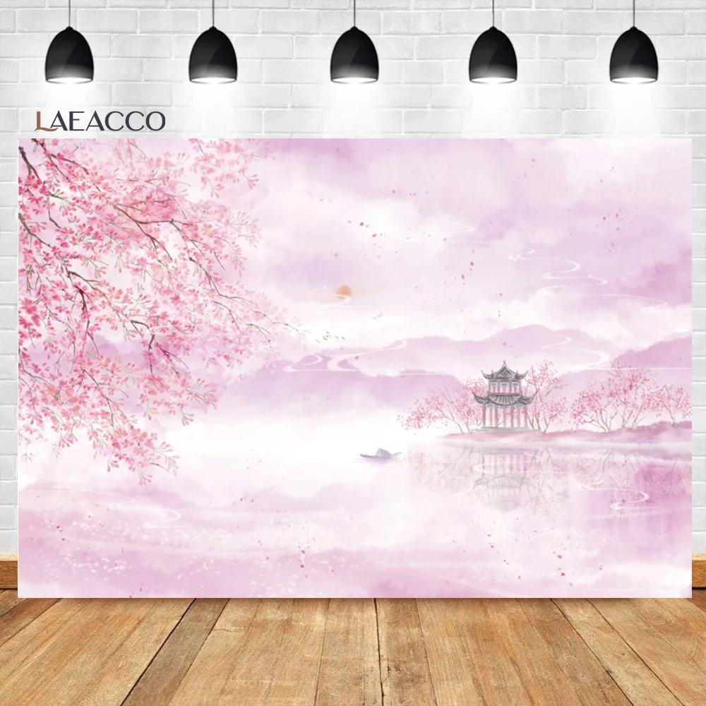 

Laeacco китайский стиль лето озеро павильон сливовое дерево розовый фон ребенок индивидуальный постер портрет фотографические фоны