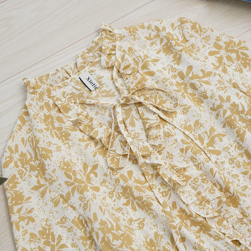 

elegant floral yellow chiffon autumn women dress flare sleeve knee length lady dresses M30376