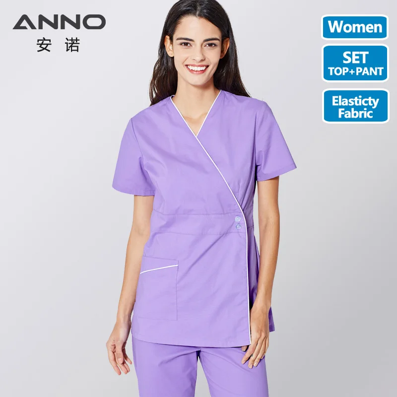 Purple(ZiLuoLan)-Set ANNO, медицинский набор для ухода за телом, униформа медсестры для женщин, клиническая одежда, рубашка, брюки для салона красоты, Wok, одежда для кормления - Цвет: Purple(ZiLuoLan)-Set
