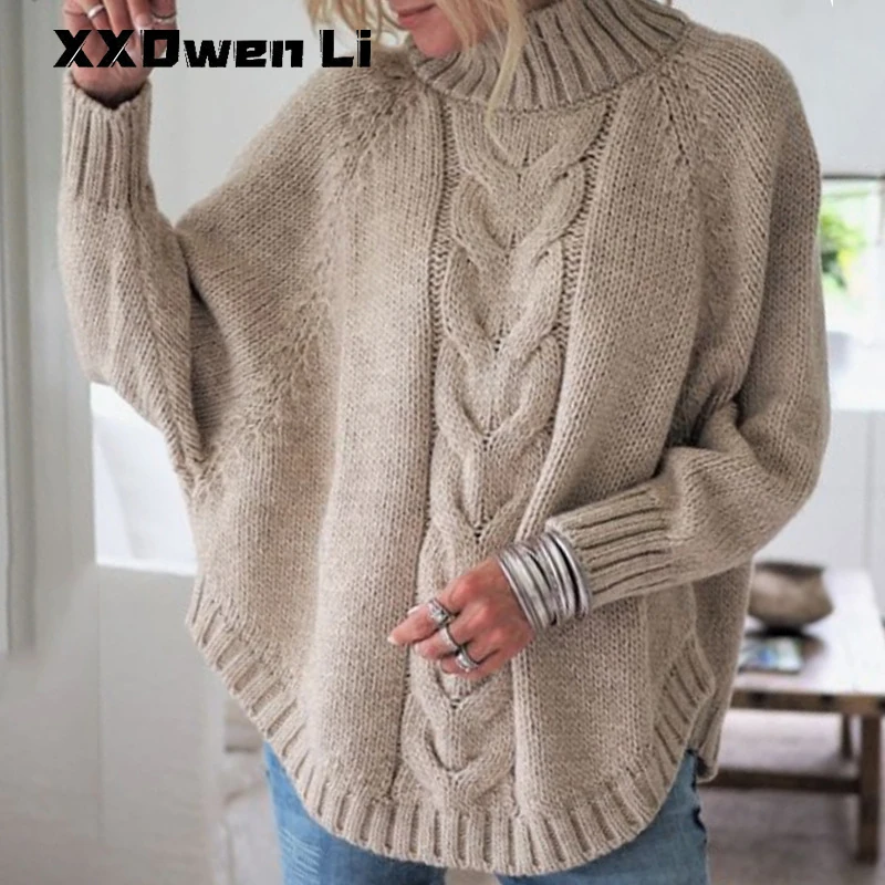 

Autumn 2021 Women's Casual Bat Sleeve Knit Pullover Sweater Winter Twist Knit Irregular Sweater Fashion Ladies Keep Warm Sweater