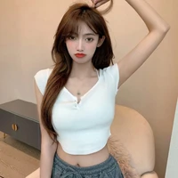 women korean style slim t shirts sexy exposed navel solid color knitted tops summer short sleeve short t shirt