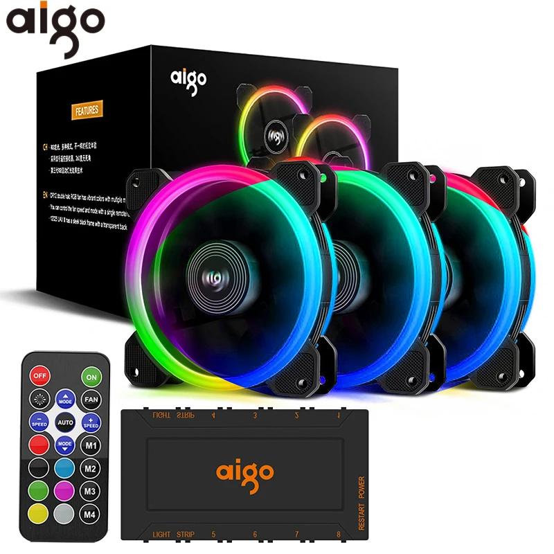 Aigo DR12 120 мм кулер вентилятор двойной Aura RGB PC Вентилятор охлаждения для компьютера бесшумный игровой чехол с ИК-пультом дистанционного управления am3 am4