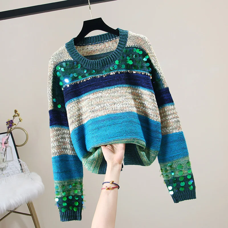 Женский вязаный свитер 2020 Корейская версия тяжелой промышленности полосатый