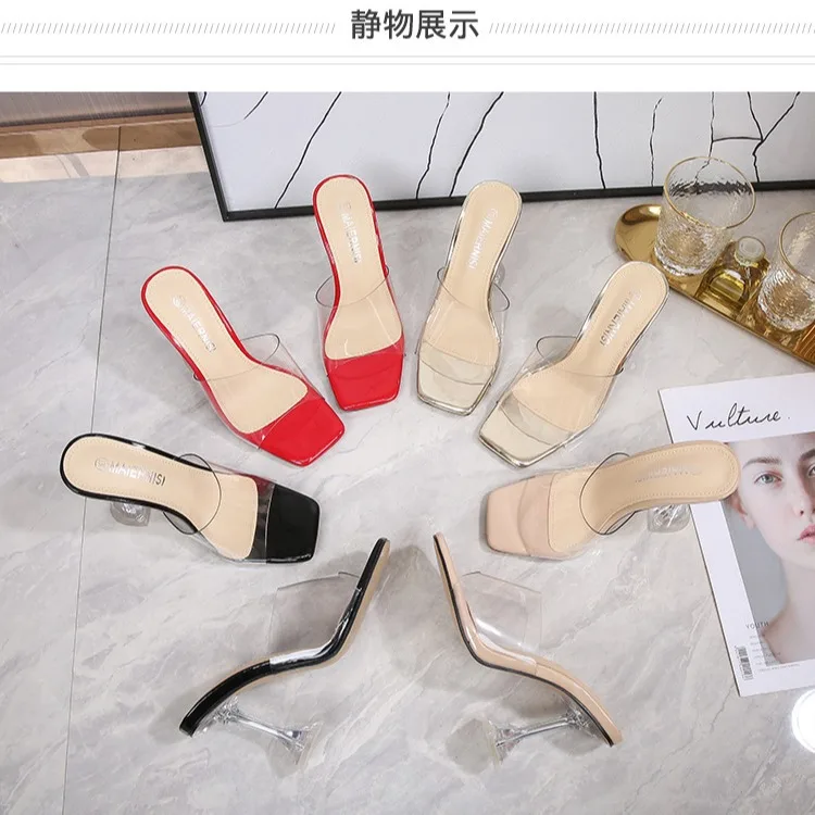 

Summer New Style Fish Mouth Square Head Sexy Wine Glass with Crystal Heel High Heels for Women To Wear A Pedal Woman Sandals