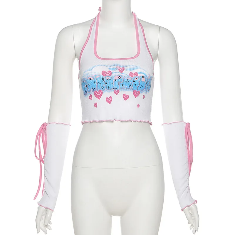 

ALLNeon Kawaii Fashion Y2K Graphic Print Halter Tops Summer 2000s Aesthetics Cute Backless Ruffles Crop Tops with Sleeve Slim