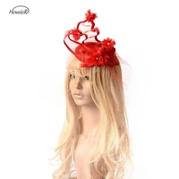 handmade red fascinator hat birdcage veil flower beads bow hair clip cocktail ascot wedding headwear