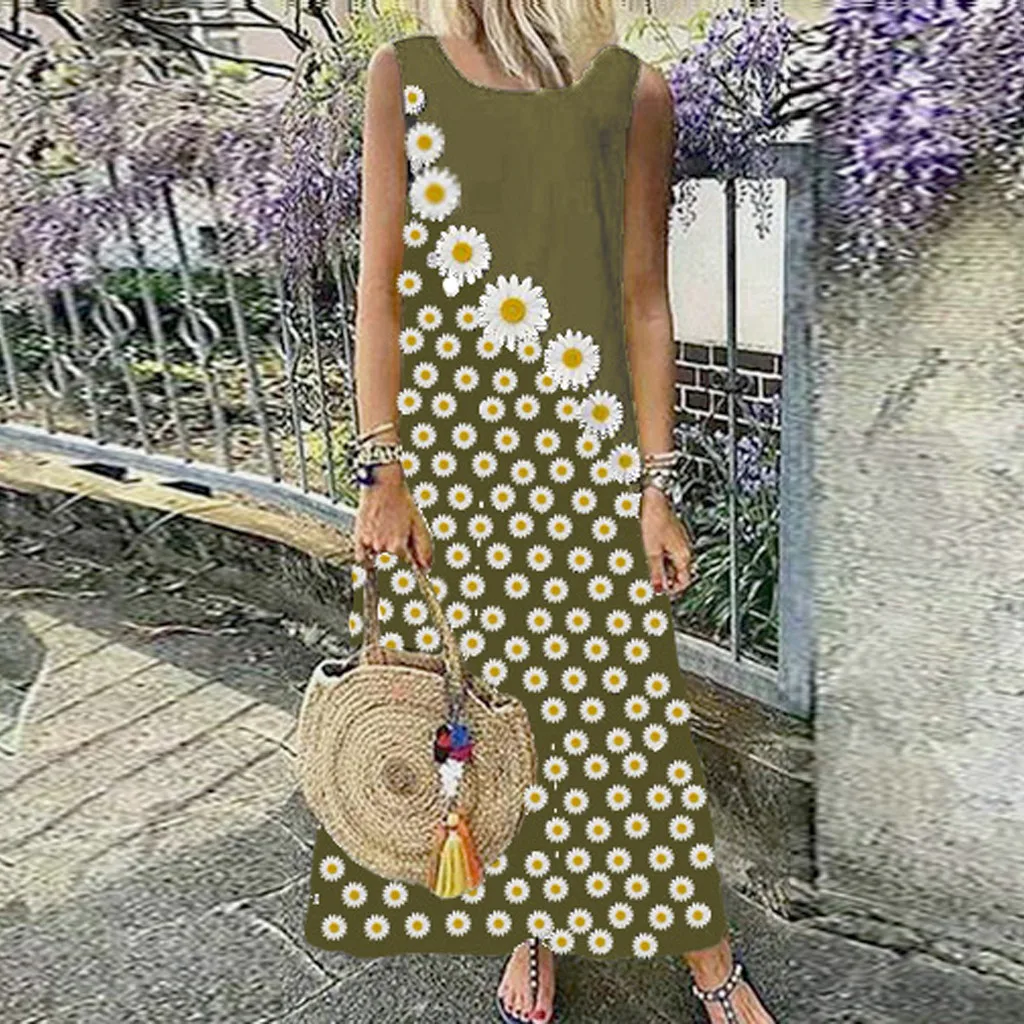 

Jaycost O- Neck Fashion Casual Flower Print Dress Summer Dress 2021 Dress For Woman Parti Sleeveless Loose Long Female Vestidos