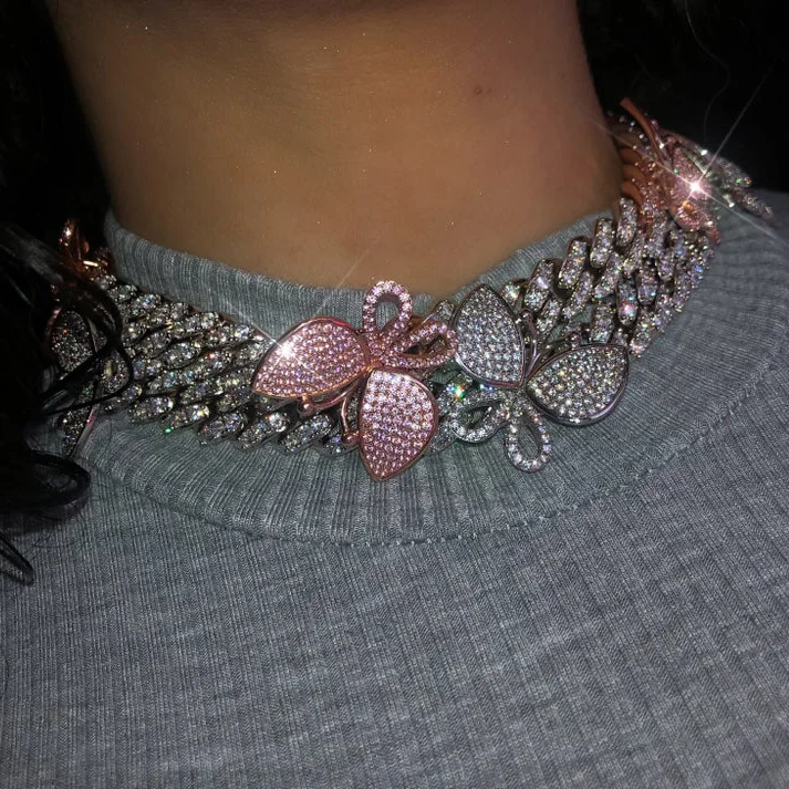 

Iced out 12mm Cuban Pink cz Butterfly Necklace wide Chain Luxury Necklace Bling Bling Hip Hop Jewelry For Men Women Gift