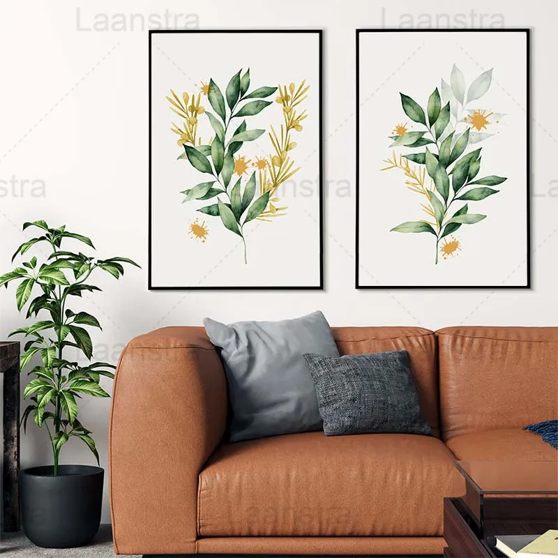 

Minimalist Bedroom Wall Poster Green Leaf Plant Flower Branch Living Room Home Decoration Painting Scandinavian Style Picture