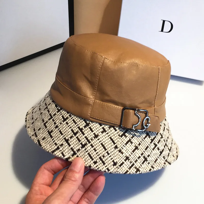 

Top brand women luxury patchwork buckle basin caps Faux leather Bucket hat KDOU024