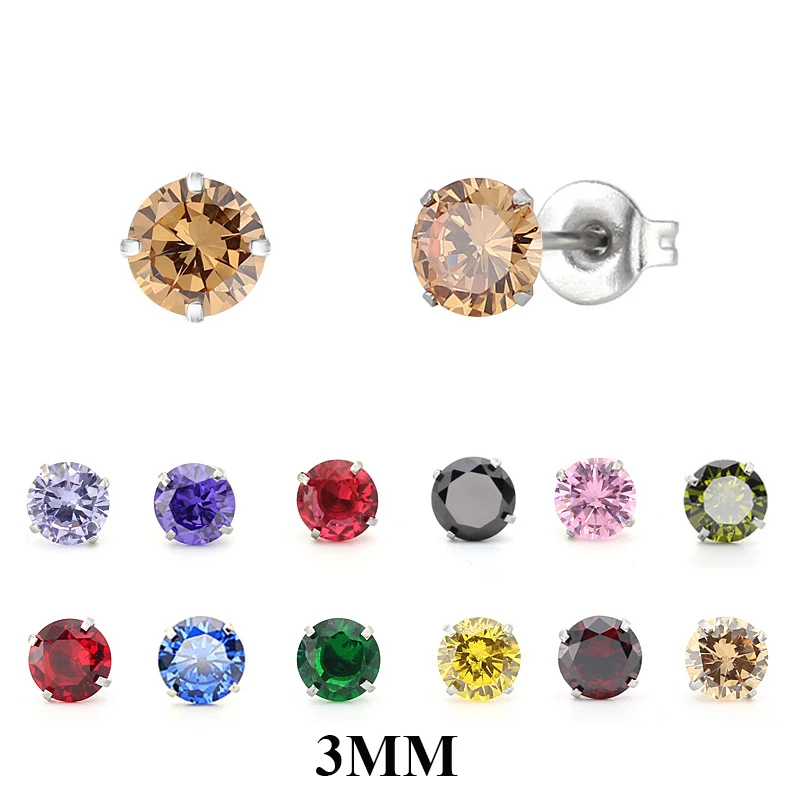 

3MM Titanium Steel Stainless Steel Earrings Jewelry Four-claw Inlaid Crystal 3mm AAA Colorful Zircon Fine Needle stud Earrings