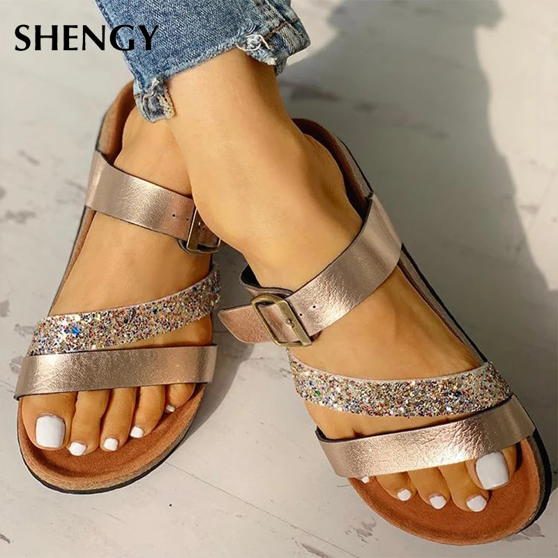 Шлепанцы женские в римском стиле Нескользящие сандалии на платформе 3 см плоская