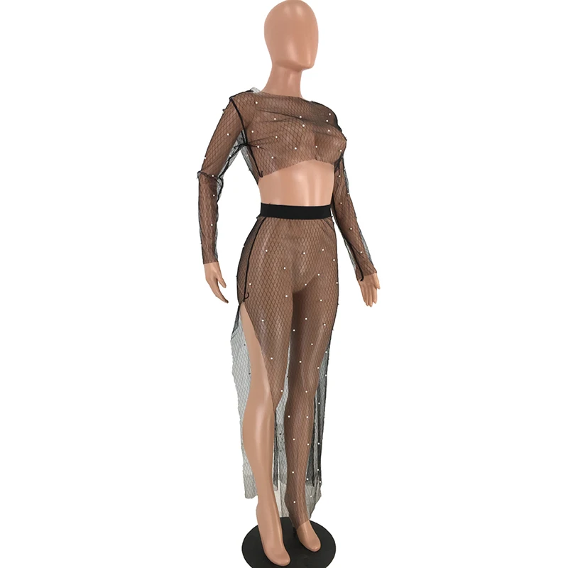 Сетчатый прозрачный топ из двух Женский комплект 2 шт. с блестящими стразами и