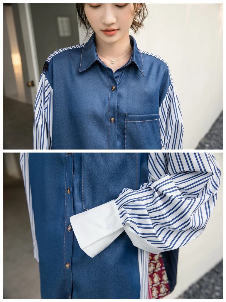 

Oversize Streetwear Casual Shirts Women Blouses Fashion Design Denim Patchwork Woman Blouse Loose Shirt Women Clothing SL450
