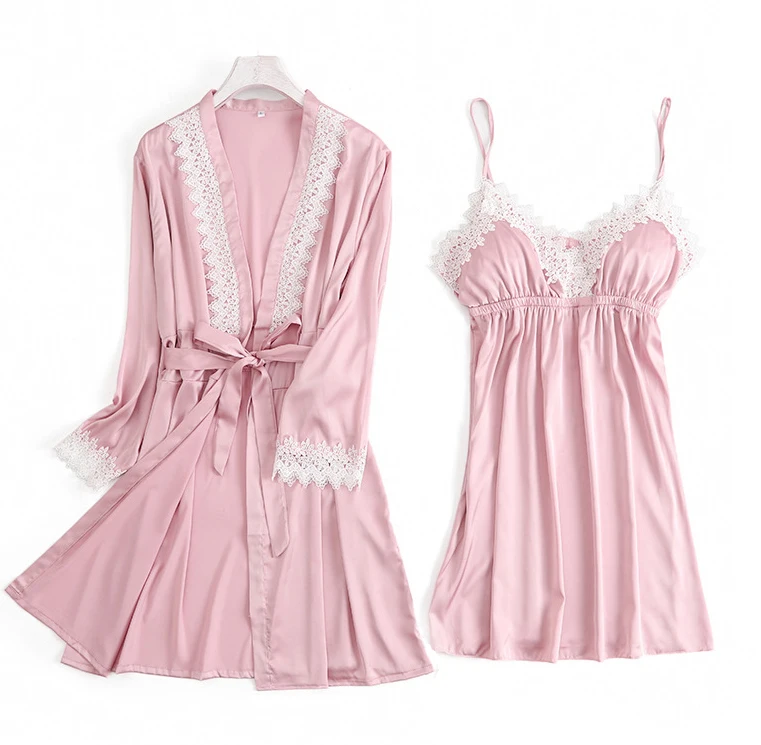

2PCS Pajamas Sleep Set Womens V-Neck Cami Pijama Sexy Bathrobe Kimono Nighty Robe Gown Suit Spring Sleepwear Wear Home Clothes