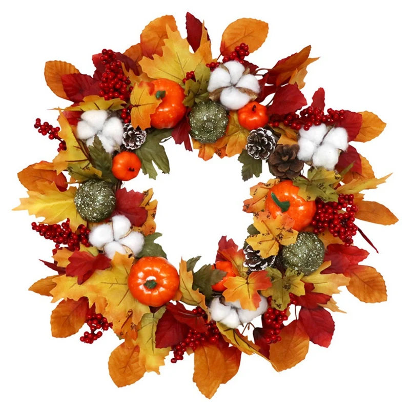 

Fall Door Wreath Artificial Harvest Wreath with Maple Leaves Pumpkin Pinecone Berries for Thanksgiving Front Door Decor