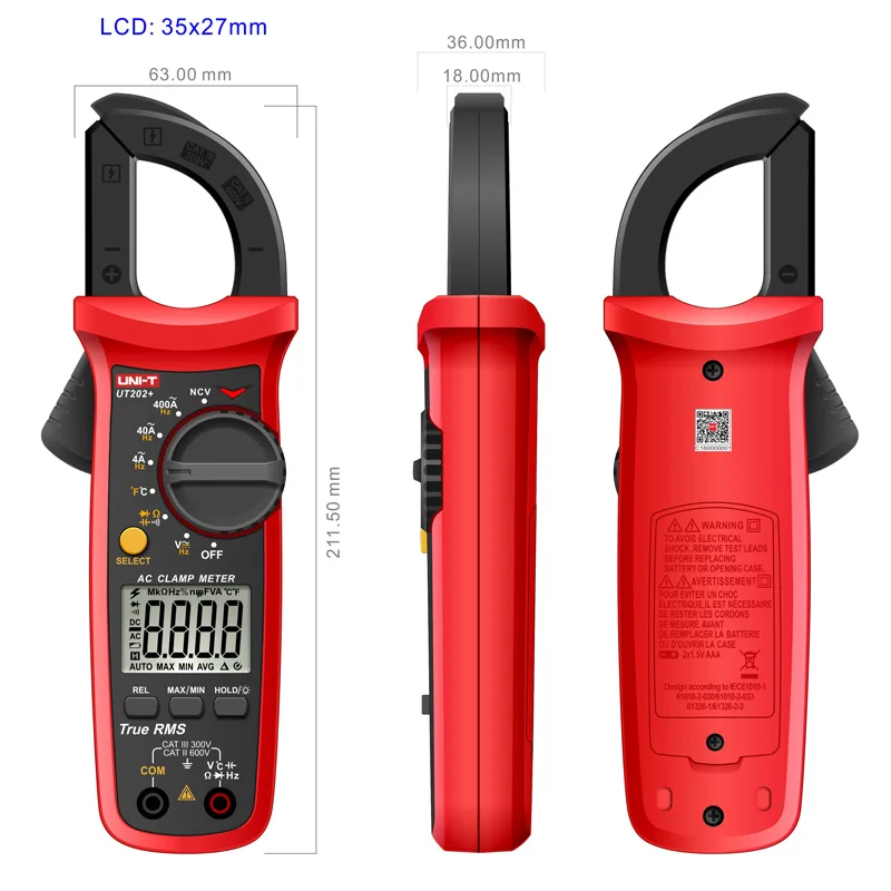 Uni-t UT201+/UT202+/UT203+/UT204+/UT202+ 400-600A цифровой клещи; Автоматический диапазон true RMS высокий прецизионный мультиметр