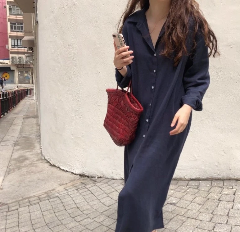 

2020 Summer Autumn New Cotton Linen Loose Causal Button Big Size Blue Girl Female Simple Long Tops Shirt Blouse Beach E099