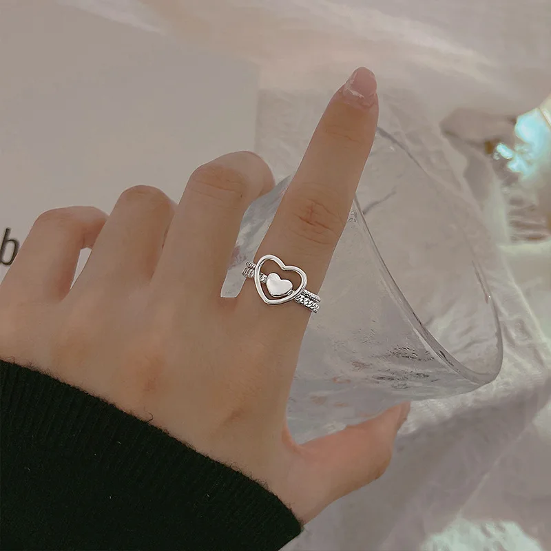 

Fashion Jewelry Heart Rings 2021 New Design Hot Selling Silvery Plating Sweet Temperament Metal Ring For Women Gifts