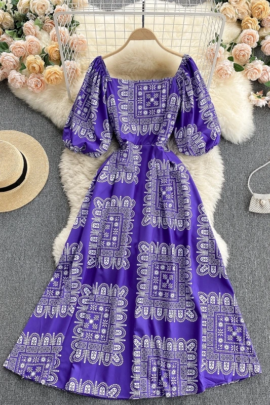 

2021 Summer New Fashion Women Vintage Print Square Collar Puff Sleeve Empire A-Line Party Dress Vestido De Mujer J285