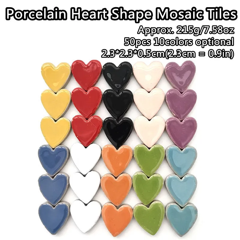 

50pcs(Approx. 215g/7.58oz) Porcelain Heart Shape Mosaic Tiles 2.3*2.3*0.5cm DIY Craft Mosaic Ceramic Tiles 10 Colors Optional