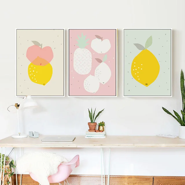 

Modern Simple Canvas Painting Art Wall Poster Cartoon Abstract Lemon Pineapple Fruit Picture and Mural Home Decor Childrens Room