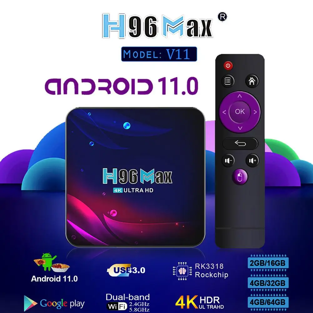 Android 11.0 H96 MAXV11 Media Player RK3188 Mali450 2.4G 5G Dual Wifi BT4.0 4K H.265 HD Set Top Box TV Support Youtube | Электроника