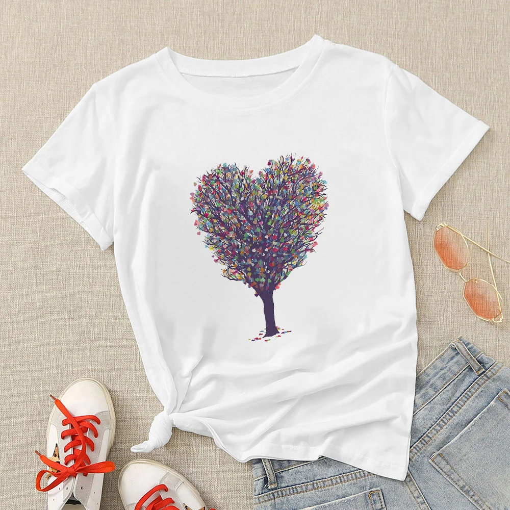 

Plant Flowers Style Tshirt Womens Heart-shaped Colorful Tree Printed T Shirt Top Summer T Shirt Female Fashion Tshirt