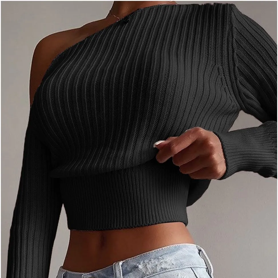 

WEPBEL Spring Autumn Casual Long Sleeve Off-Shoulder Slash Neck Pullover Sweater Women's Sexy Solid Color Slim Fit Knit Sweater