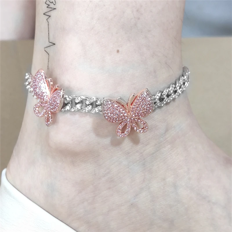 

Tianzhe brand jewelry 2020 new European fashion girl 8mm single row zircon Cuban chain 2 butterfly element shiny anklet