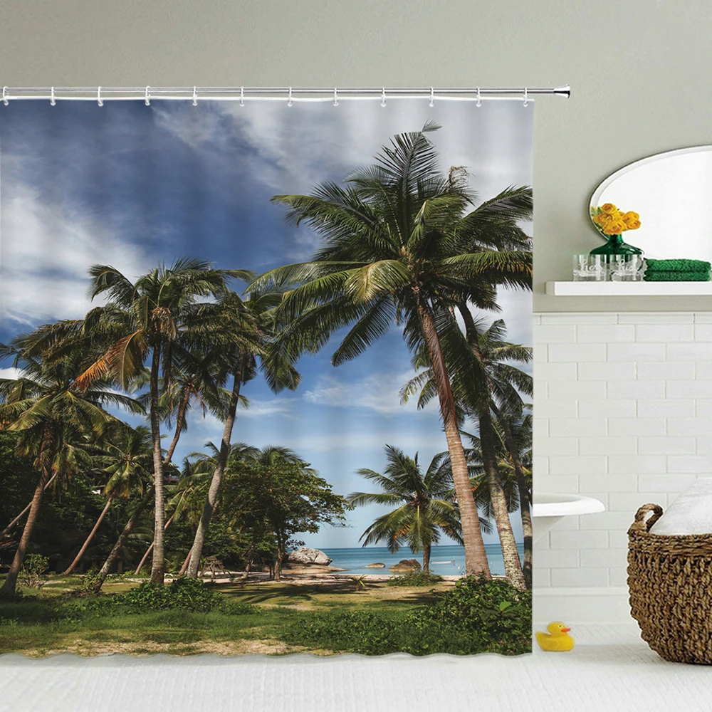 

Tropical Palm Tree Scenery Shower Curtain Bath Waterproof Polyester 3D Bathroom Curtains Decor With Hooks Shower Curtains