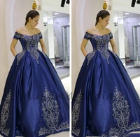 off the shoulder navy blue plus size prom dresses with appliques beaded embroidery long formal party evening dress 2020 party