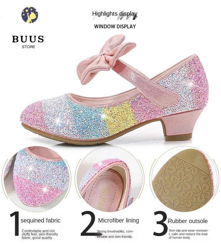 

Princess Kids Leather Shoes for Girls Flower Casual Glitter Children High Heel 2020 Girls Shoes Butterfly Knot Blue Pink Silver