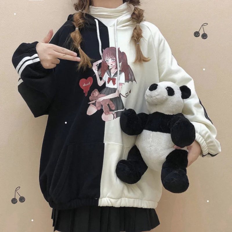 

Fernan Anime Print Hoodie Women Kawaii Patchwork Top Contrast Color Long Sleeve Sweatshirt Korean 2021 Autumn Winter Alt Clothes