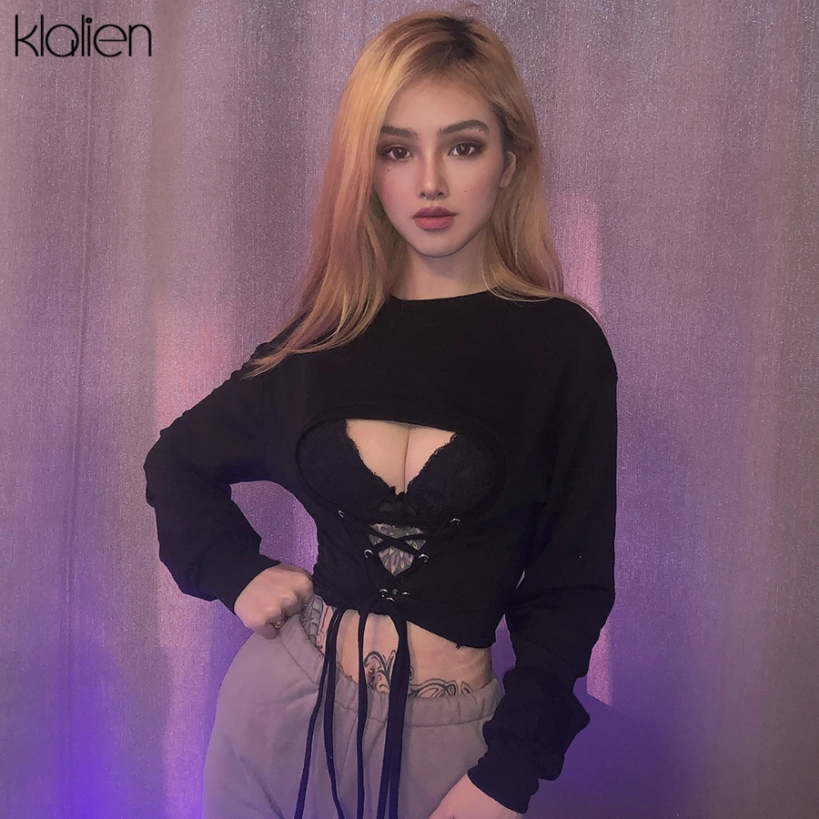KLALIEN женские белые свитшоты осень 2020 длинный рукав шнуровка бандажный дизайн