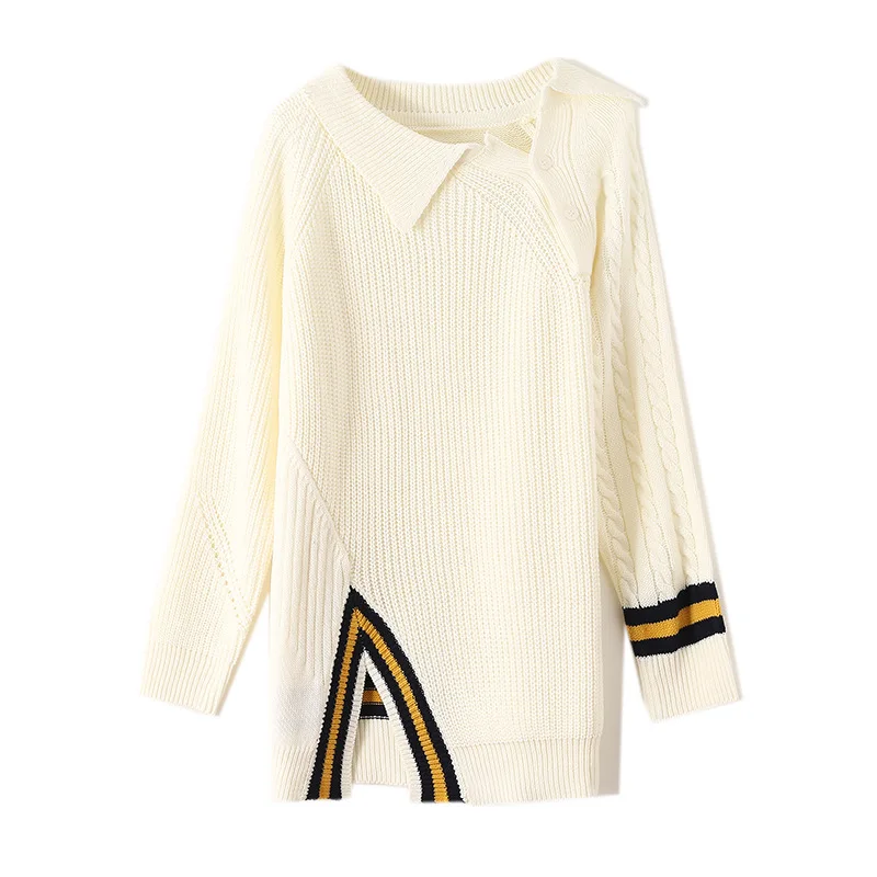 Женский трикотажный свитер с косым воротником асимметричный пуловер разрезом на