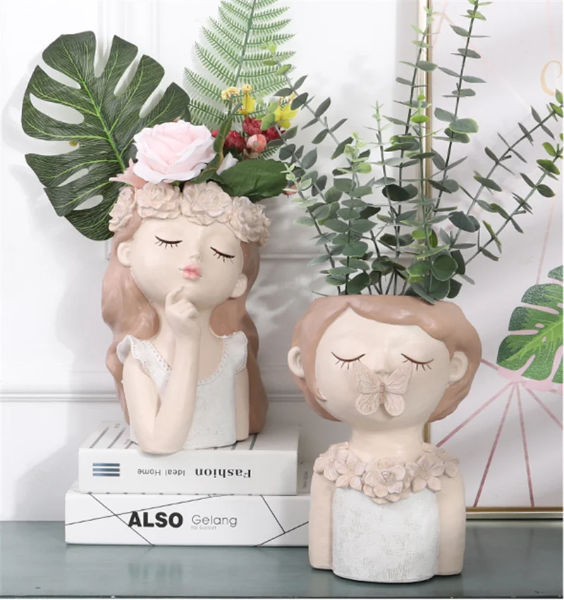 

WU CHEN LONG European Resin Cute Girl Statue Flower Pot Garden Decoration Vase Home Decor Succulent Potted Desktop Bonsai A2166