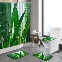 4pcs palm leaf shower curtain green tropical plant flower watercolor leaves anti slip bath mat toilet cover bathroom carpet rug