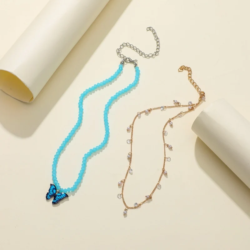

Women Simple Small Round Bead Clavicle Necklace Fashion Crystal Bead Glaze Butterfly Pendant Double Layered Necklace
