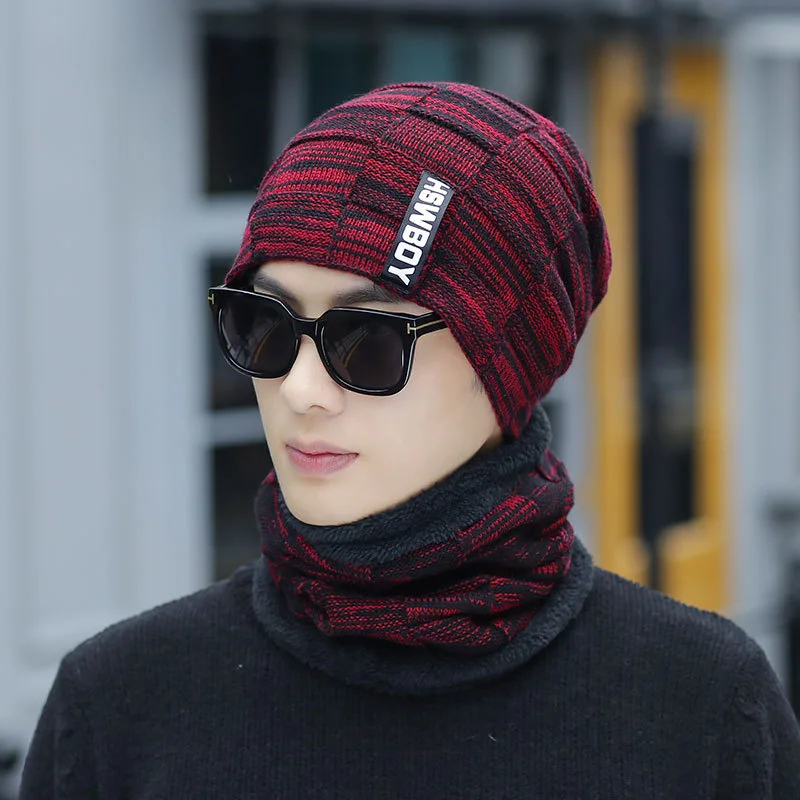 

Neck Warmer Knitted Hat Scarf Set Fur Lining Thick Warm Knit Beanies Winter Hat Men Cap Casual 1 Set