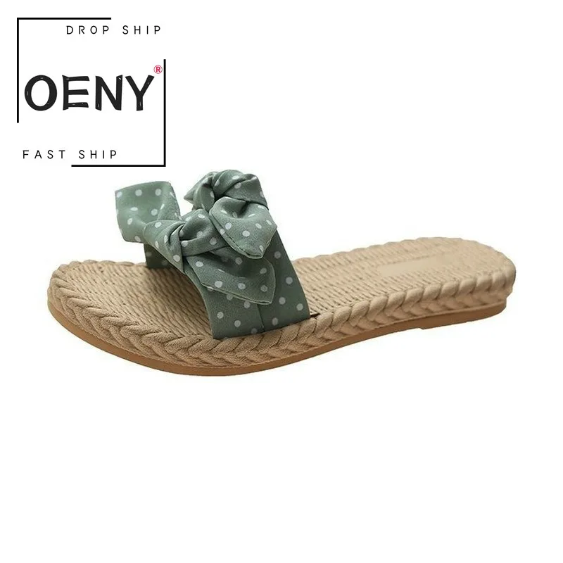 Шлепанцы женские с бантом шифоновые сандалии в горошек плоская подошва открытый