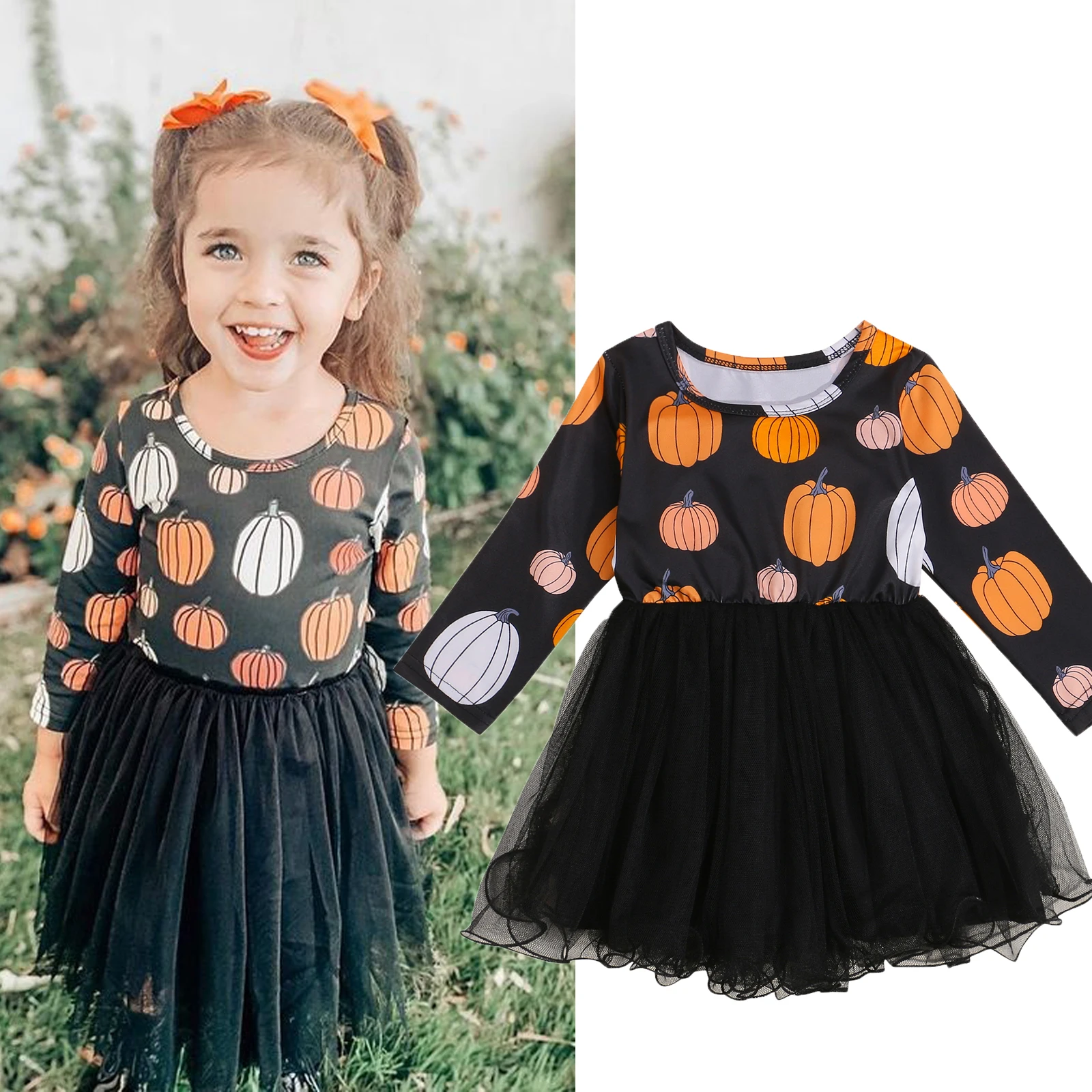 

Children's Clothing Cartoon Pumpkin Printed Long Sleeves Mesh Stitching Dresses Toddler Girls Spring Summer Fall 6 Month-4 Years