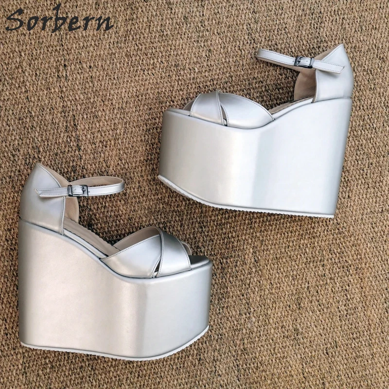 Sorbern/Серебристые босоножки на танкетке Летняя женская обувь платформе с широкими